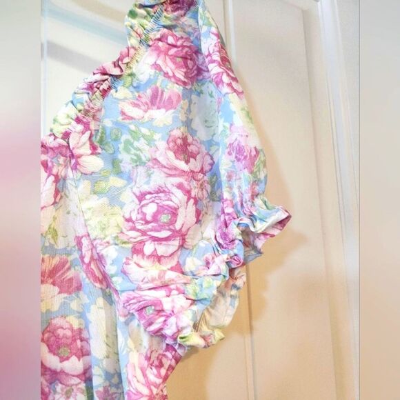 Almost Famous Women's Junior Blouse, Large, Puff Sleeve Pastel Rose Pink Blue - Picture 4 of 16